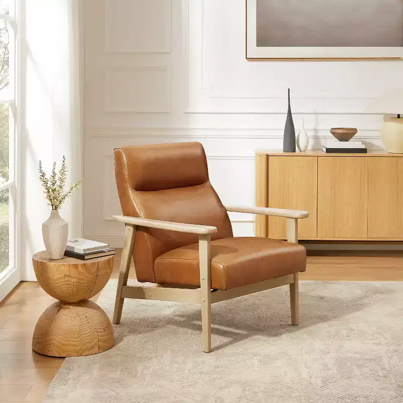 Art Leon Genuine Leather and Solid Wood Accent Chair