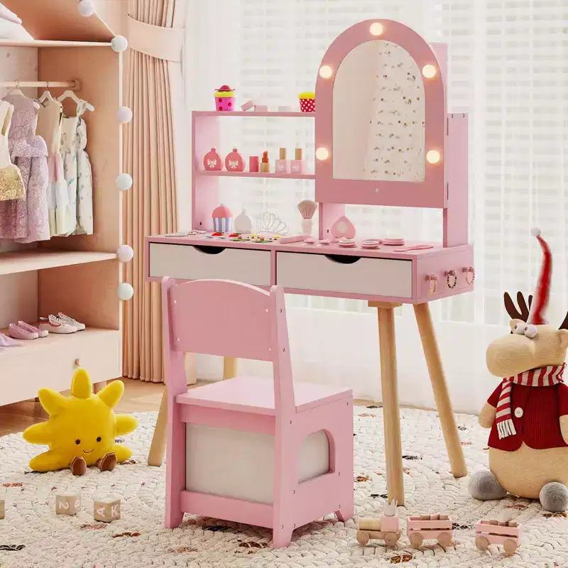 Costway Kids Vanity Set with 3-Color Lighting Modes, Adjustable Brightness, Mirror Cabinet White/Pink