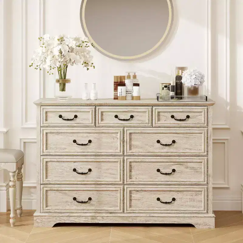 Dyonery Farmhouse 9 Drawer Dresser Chest, 52 Wide Wood Top Storage Organizer for Bedroom, Living Room, Entryway