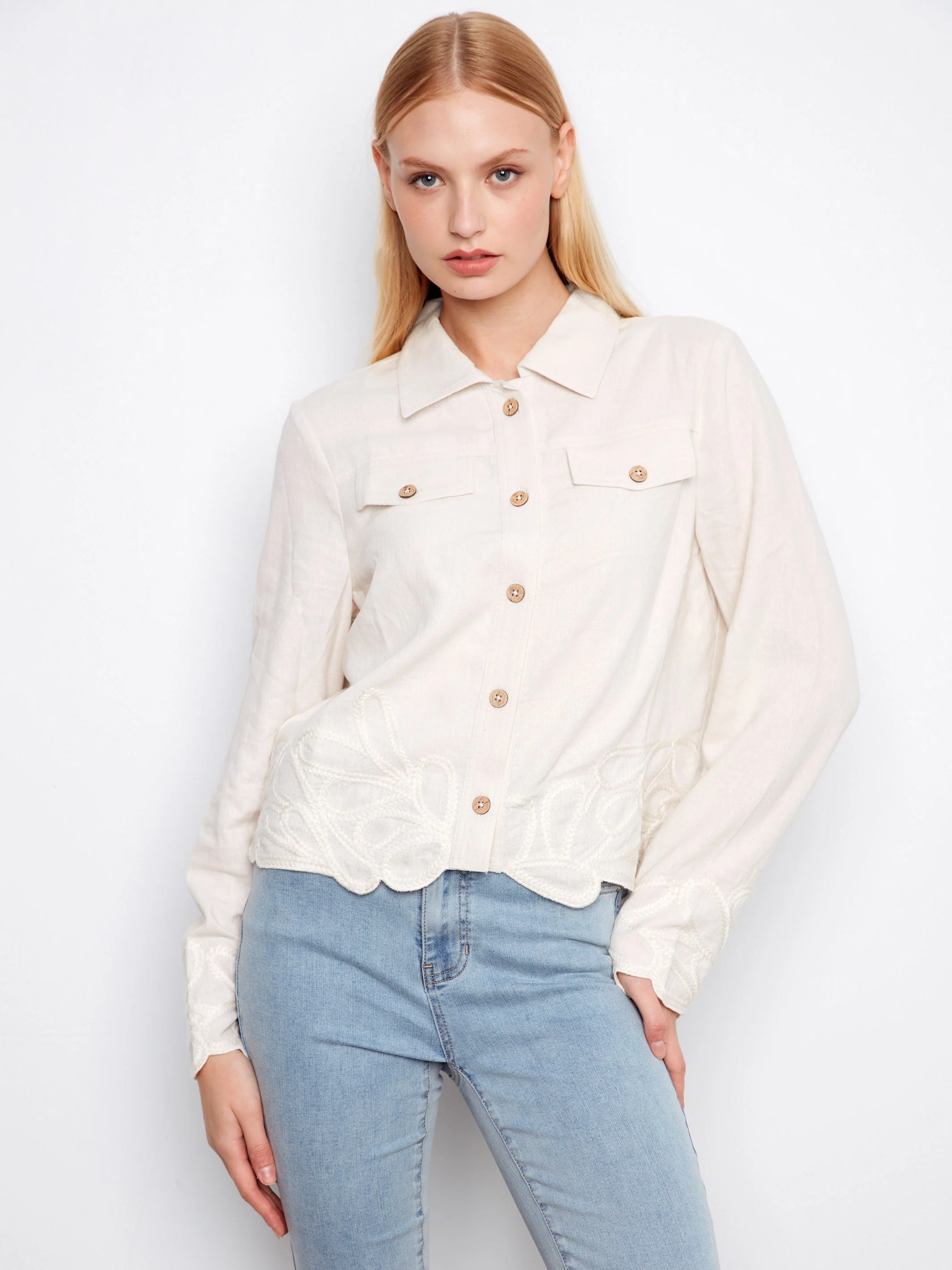 Embroidered Hem Linen Blend Jacket - Natural
