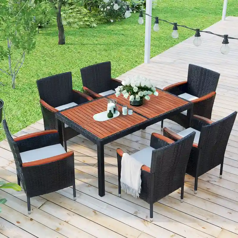 Modern 7-Piece Outdoor Rattan Dining Set, Upholstered Chairs with Armrests and Backrests, Ideal for Backyard, Garden, and Patio