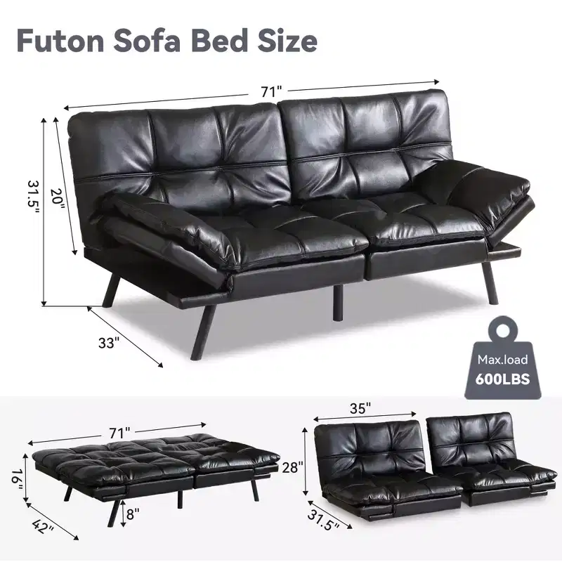 Dyonery 71 Convertible Futon Sofa Bed,Modern Memory Foam Futon Couch with Detachable Cushion,Adjustable Backrest & Armrest