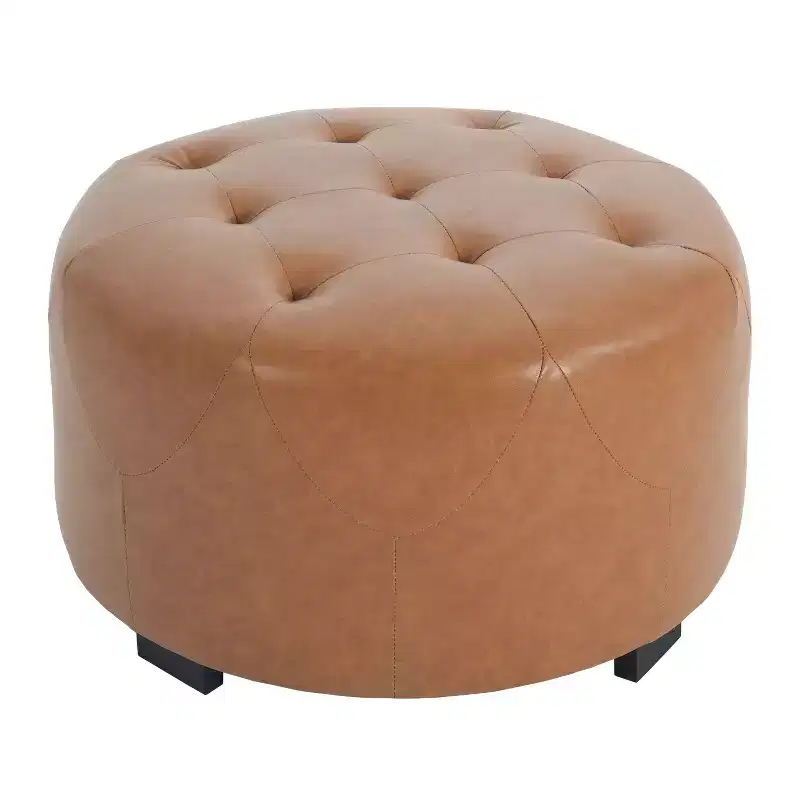 Round Button Tufted Ottoman, PU/Linen Upholstered Footstool with Birch Wood Legs