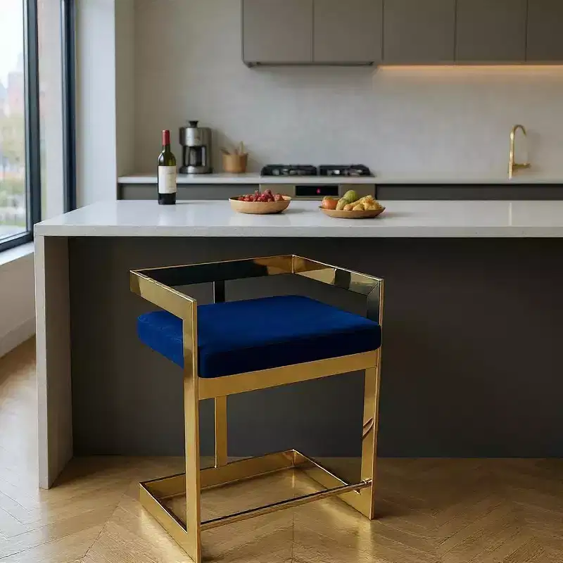 30 Blue and Gold Metal and Velvet Low Back Bar Height Bar Chair
