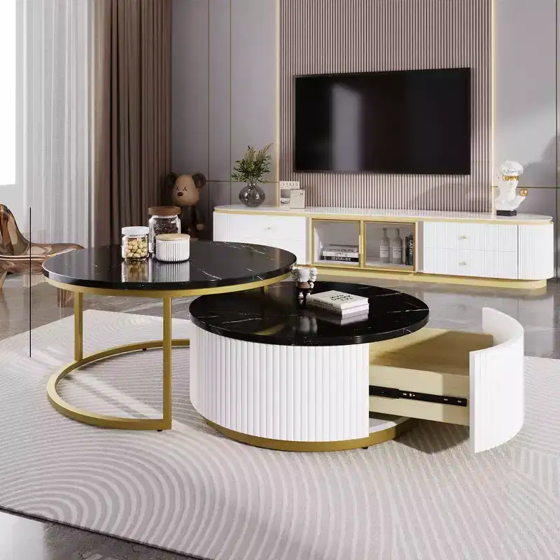 Modern Round Nesting Coffee Table Set of 2, Fluted Base, Drawer, Gold & White, 31.5