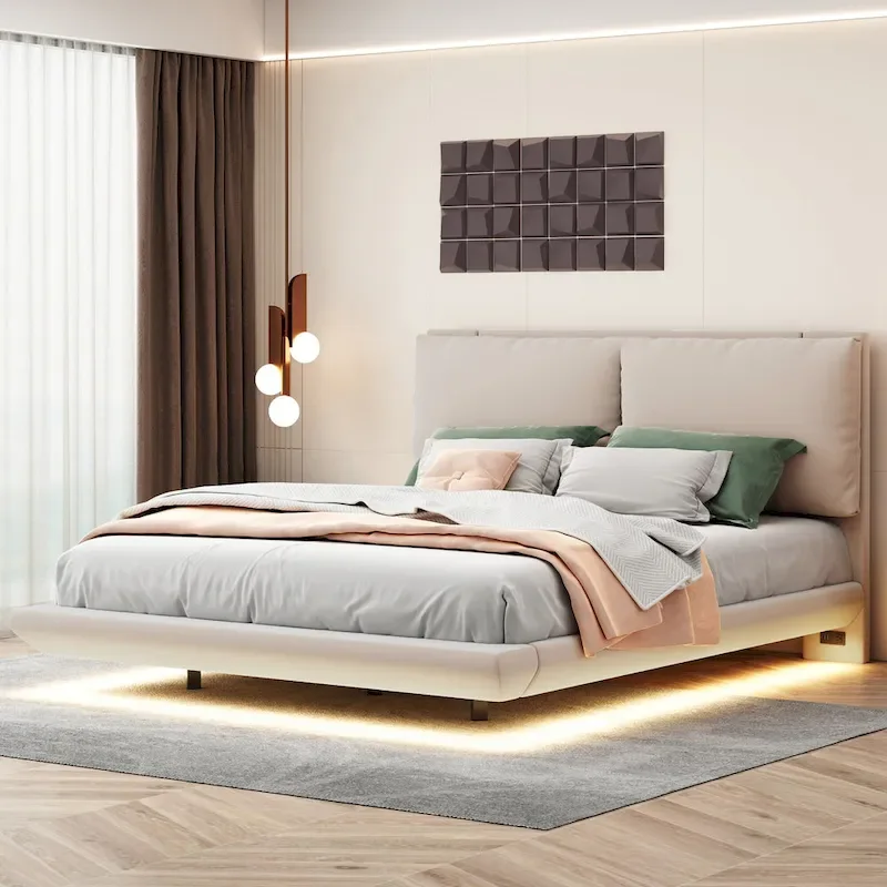 Beige / Gray Velvet Floating Platform Bed with Motion Sensor Light – Full / Queen, 2-Person