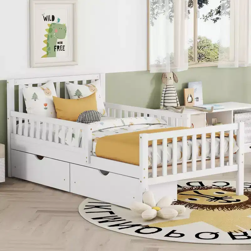 Twin Wood Platform Bed with Guardrails and 2 Storage Drawers, White
