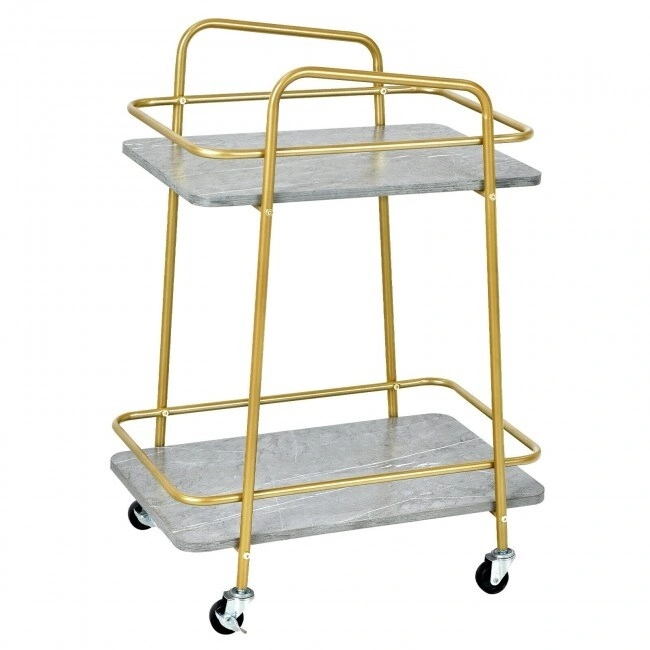 2-tier Kitchen Rolling Cart with Steel Frame and Lockable Casters-Gray - 16 x 24 x 32.5 (L x W x H)