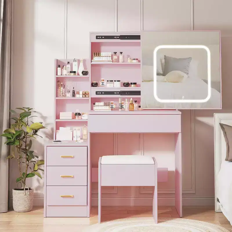 Dressers Set with Sliding Mirror, Touch Lighting, Charging Station, 4 Drawers & Shelves, Stool, Bedroom Vanity
