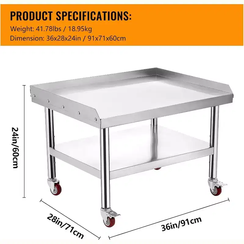 36x28x24 Stainless Steel Equipment Grill Stand Table,1000 lbs Top Shelf,220 lbs Bottom Shelf,Adjustable Legs,2 Edge Baffle