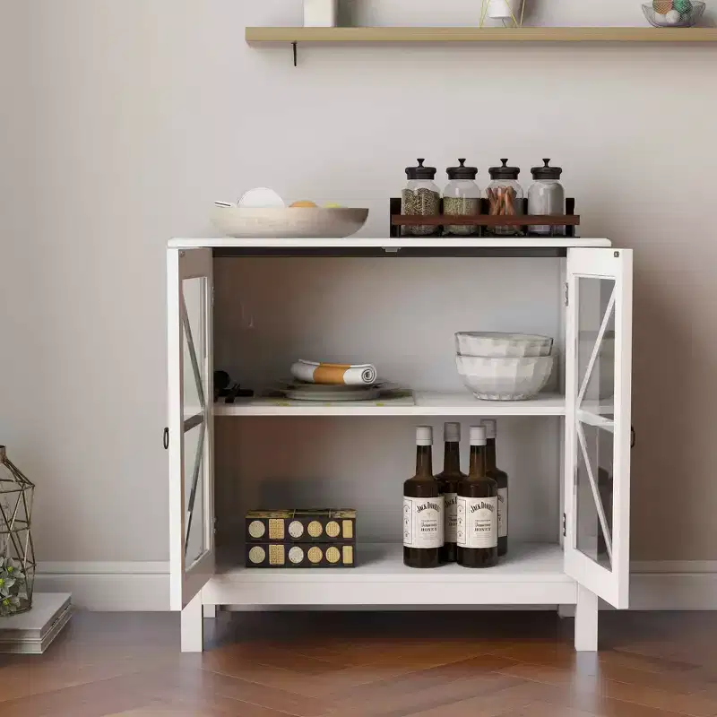 MAYEERTY Kitchen Cabinet, Double Glass Doors for Display & Closed Storage