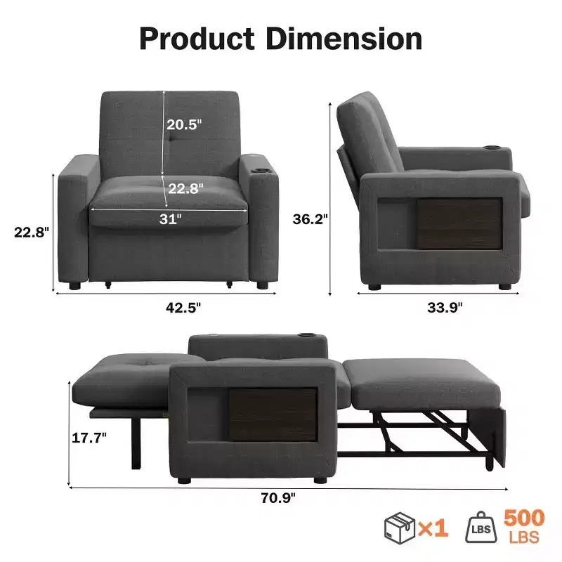 3-in-1 Sleeper Sofa Chair Bed, 42.5