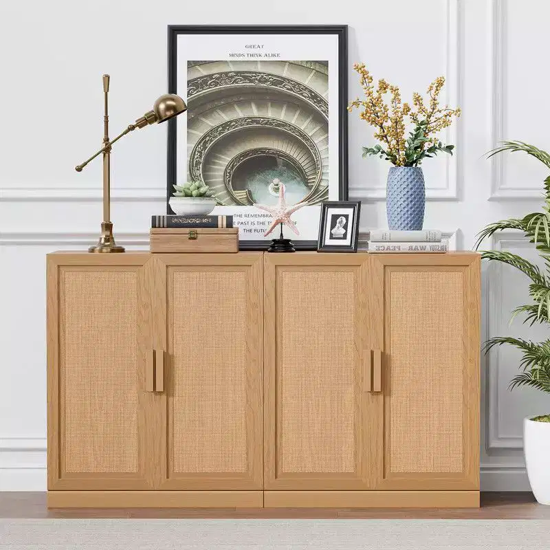 PexFix 62 W x 31 H Modern Sideboard Cabinet with 4-Doors Rattan Panel Buffet Console Accent Storage Cabinet for Hallway Entryway Dining Room Natural