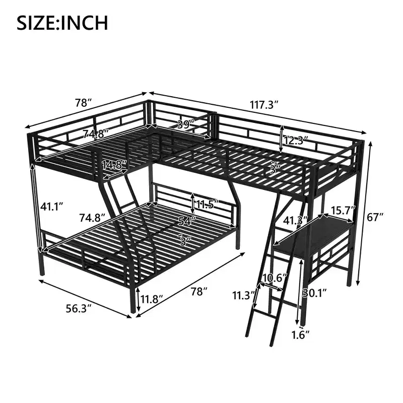 L-Shaped Metal Triple Bunk Bed with Desk for 3 Kids, Twin over Full, Black
