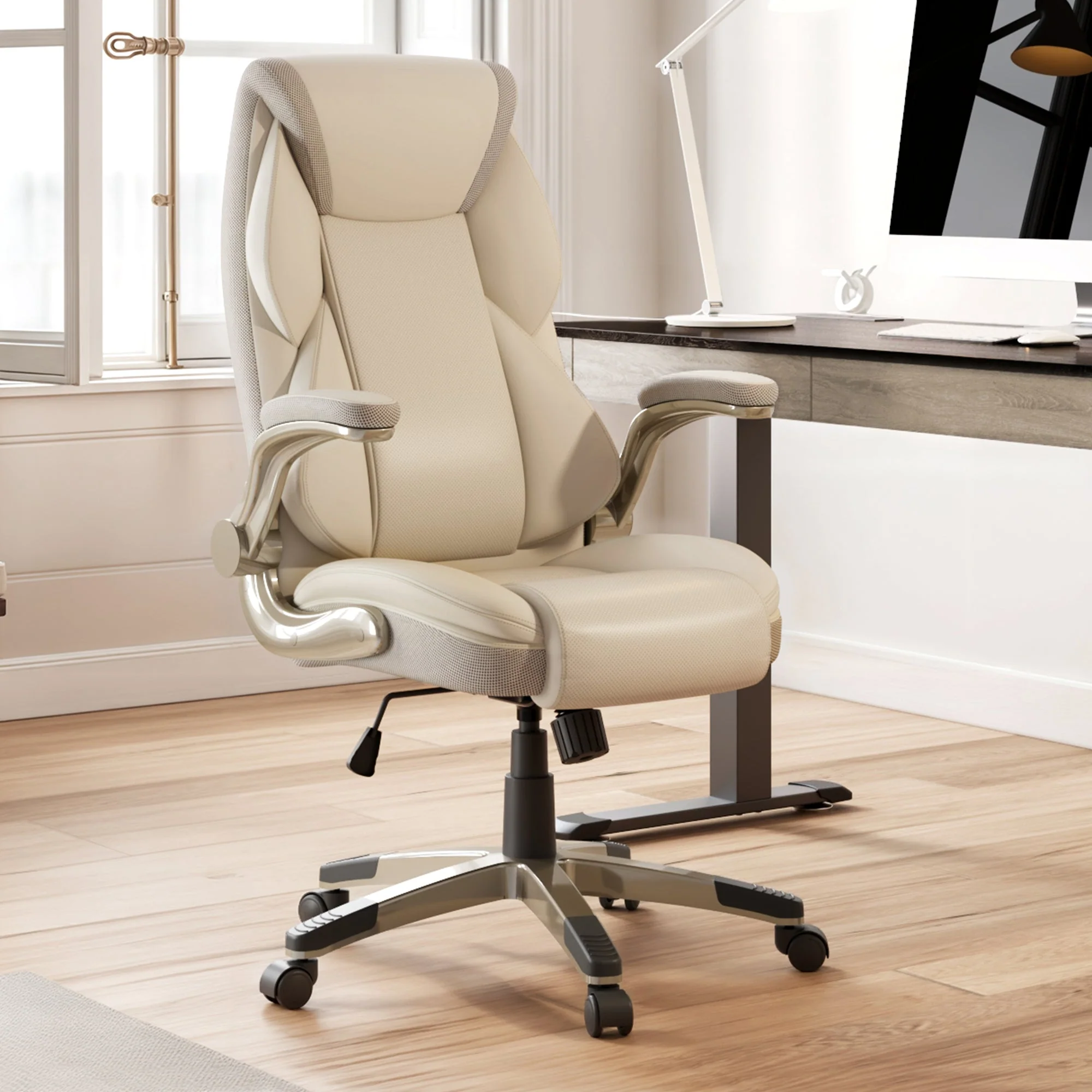 Faux Leather Home Office Chair - Ergonomic Cream