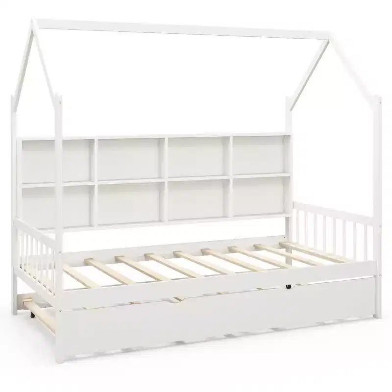 Costway Twin House Daybed with Trundle Wooden Bed 8 Storage Shelf Compartments White