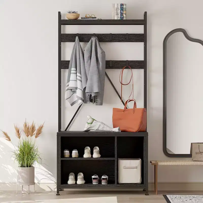 70in Heavy-Duty Entryway Bench with Coat Rack & Shoe Storage, 8-Detachable Hook Hall Tree Organizer for Living Room, Bedroom, Entry Hall