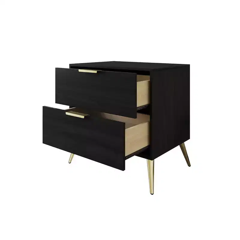 2-Drawer Nightstand with Gold Legs and Handles, Solid Wood