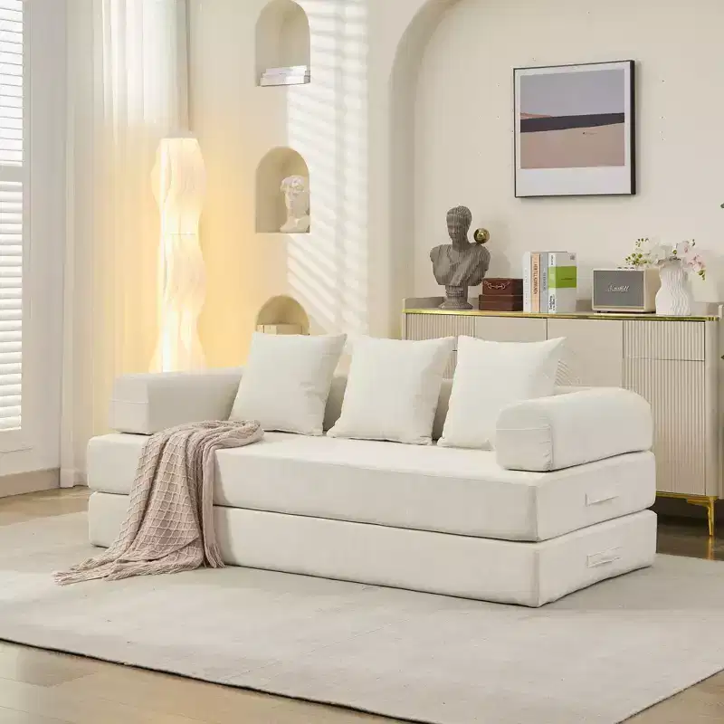 Chenille Lounge Floor Sofa Bed with Convertible Foldable Mattress,2-Seater Futon Couch Sleeper Sofa for Living Room,Bedroom