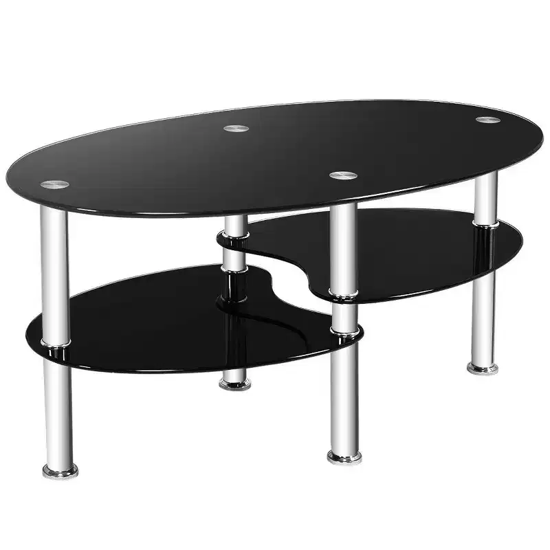 Tempered Glass Oval Coffee Table with Shelves