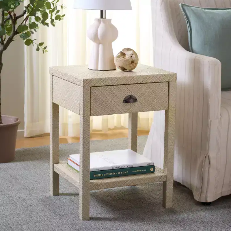 1-Drawer 1-Shelf Water Hyacinth Accent Table, Natural Finish, 16.94 lbs Capacity