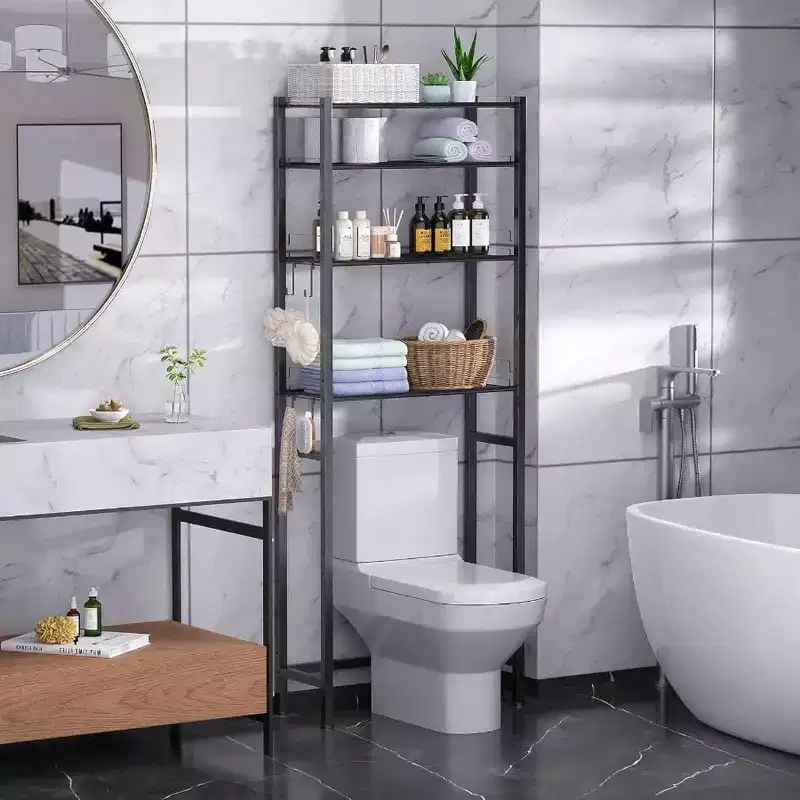 4 Tier Over Toilet Storage Rack Bathroom Organizer Shelves Cabinet Black Adjustable Height Freestanding Space Saver