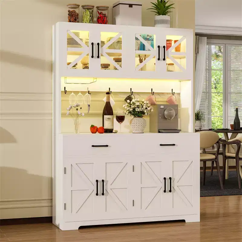MUUEGM Kitchen Pantry Cabinet With Smart Bluetooth RGB Lights & Door Storage Racks C 71 Tall Coffee Bar Hutch Equipped With Power Outlet