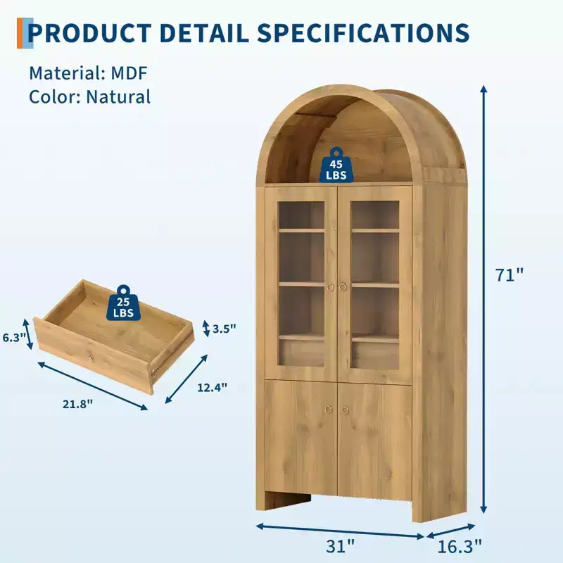 71 Inch Tall Arched Cabinet - Arched Kitchen Pantry Cabinet with Hidden Drawer, Adjustable Shelves, Display Storage for Living Room, Dining Room