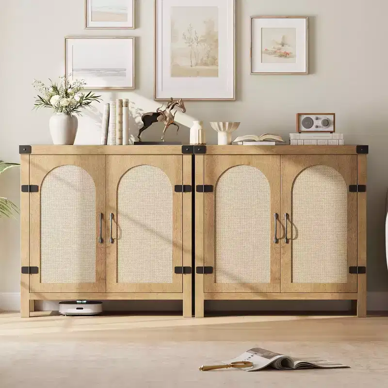 Boho Farmhouse Sideboard with Adjustable Shelves and Handle for Kitchen, Living Room, Natural