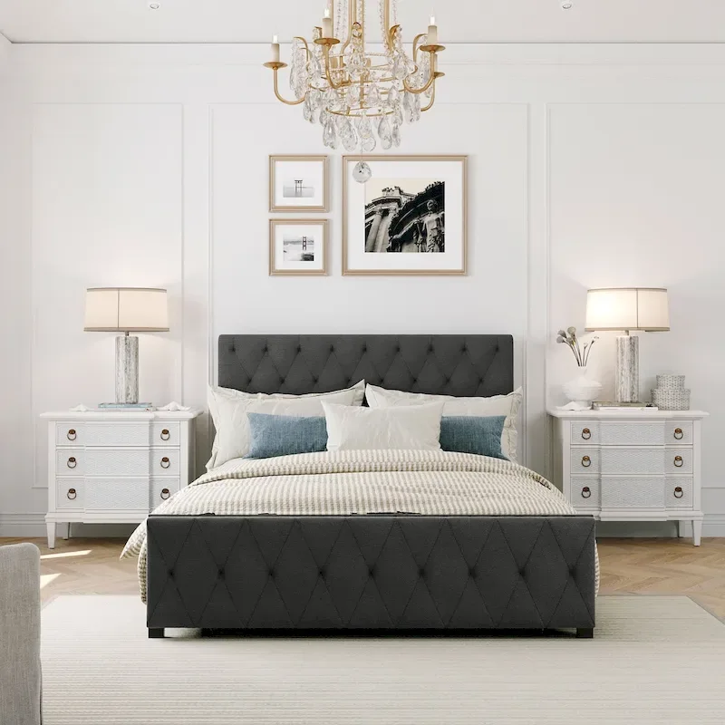 Linen Platform Bed – Gray / Beige, Metal Frame, 1 Large Pull-Out Drawer, Full / Queen, Sleeps 1