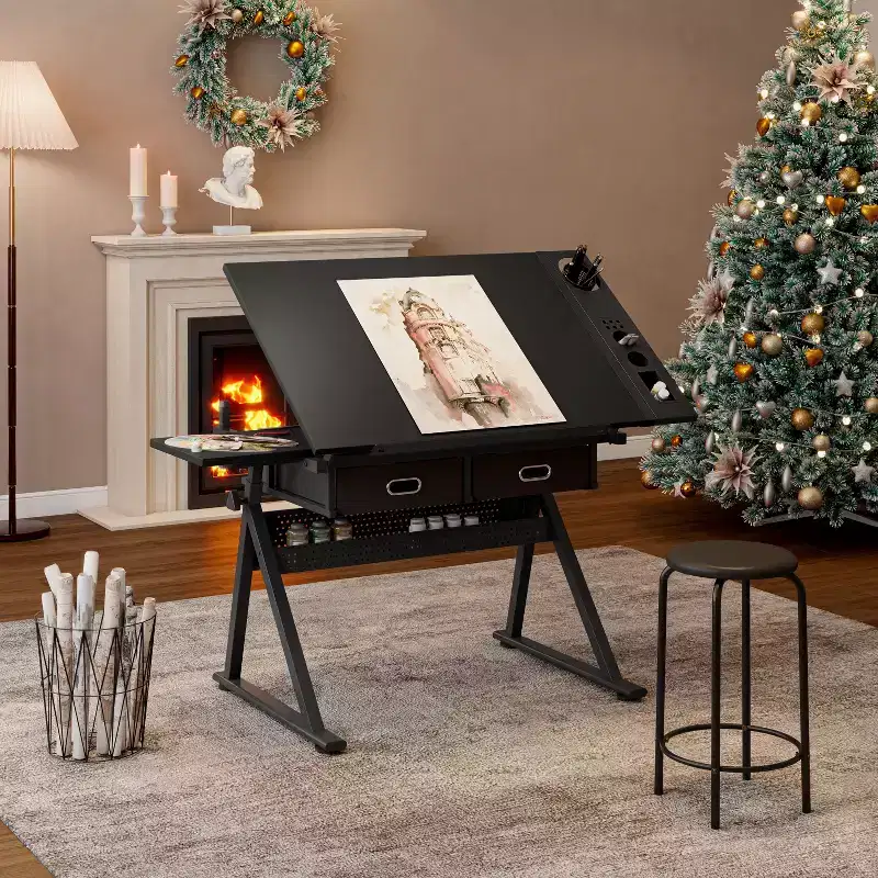 Adjustable Drawing Drafting Table with 2 Drawers & Shelf