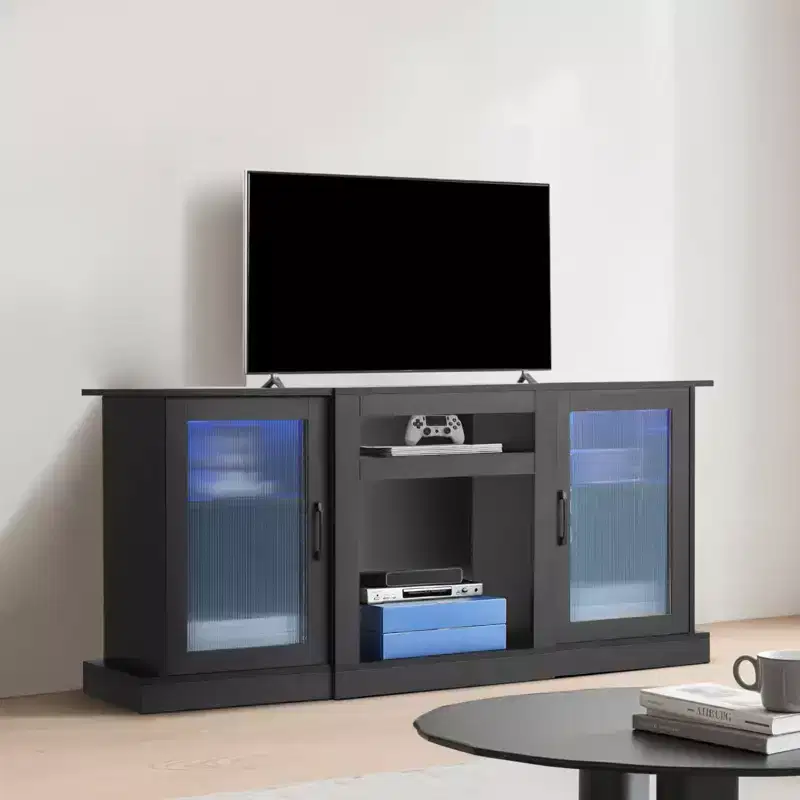 VEVOR TV Stand for TVs up to 65 inch, Modern Entertainment Center with Light Strip, Wooden TV Cabinet Storage, Black