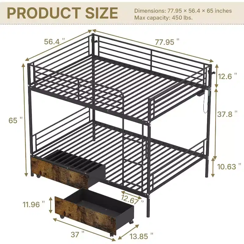 Full Over Full Convertible Bunk Bed with 2 Storage Drawers, USB Charging Station, LED Light, No Box Spring Needed, Metal, Black
