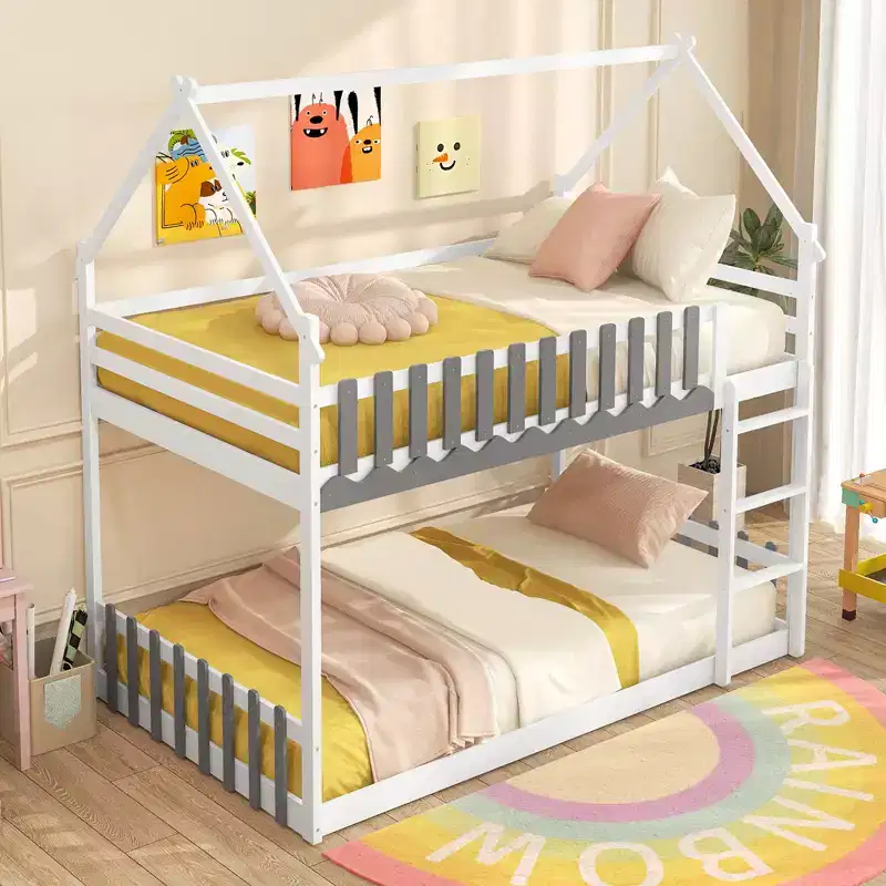 Twin Over Twin Bunk Bed with Fence & Ladder, Solid Wood Floor Bunk Bed for Kids, White