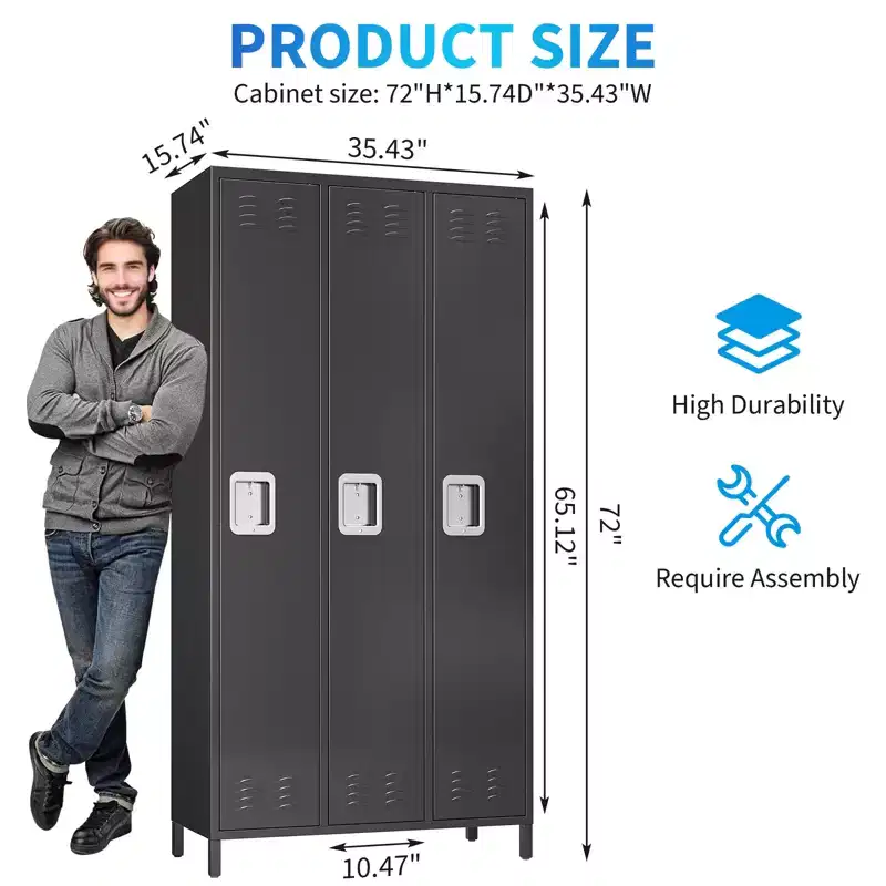 3-Door Metal Locker with 9 Hooks and 3 Shelves, Employee Metal Locker, 72 High Steel Locker for Home, Office, Gym, School, Assembly Required, Black
