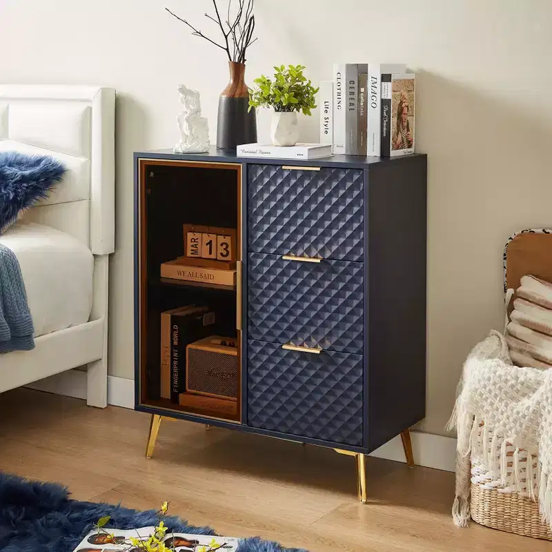 Modern Carved Storage Cabinet with Tempered Glass Door, Sideboard Cabinet with Adjustable Metal Feet, Buffet Cabinet for Living Room