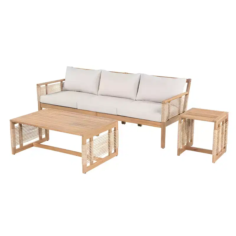 ModernLuxe Outdoor Conversation Sofa Set, Patio Acacia Wood Furniture Set, 3-Seater Sofa & Club Chairs with 2 Coffee Tables, Teak