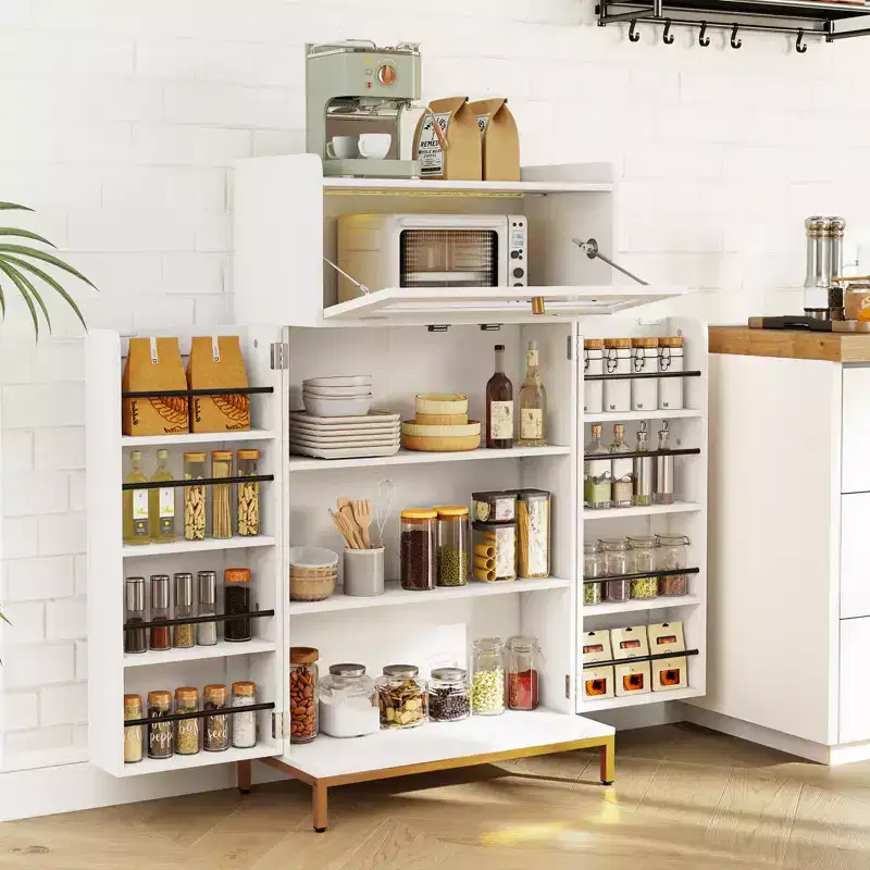 Kitchen Pantry Cabinet Power Outlet & APP Control LED Lights Acrylic Flip Door