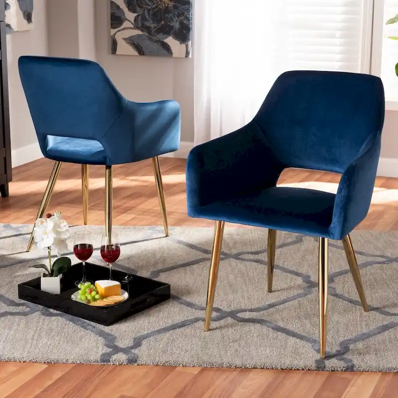 Glam Upholstered Dining Chair Set of 2 - Navy Blue Velvet with Gold Legs