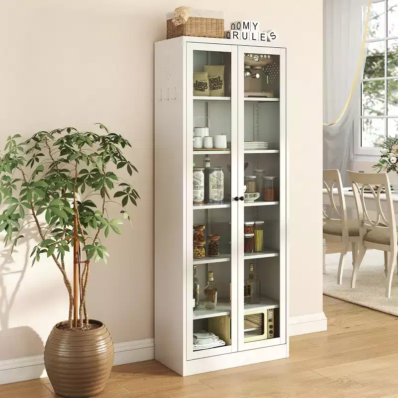72H Heavy-Duty Metal Kitchen Pantry Cabinet,5 Adjustable Shelves+Glass Doors,80LBS/Shelf Freestanding for Kitchen/Pantry/Bathroom(White)