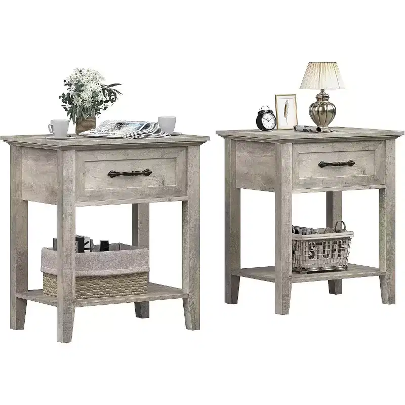 2-Tier Nightstand Set of 2 with Storage Drawer, Modern Bedside End Tables for Small Spaces, Multi-Functional Side Table for Bedroom Living Room