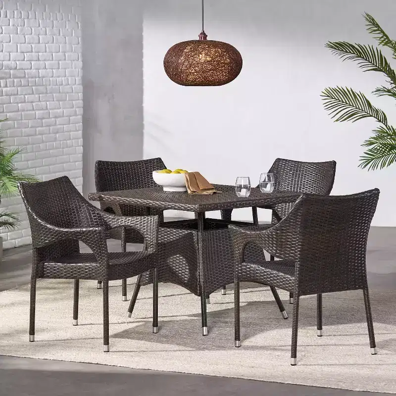 GDFStudio Ronnie Outdoor Wicker and Iron 5 Piece Dining Set