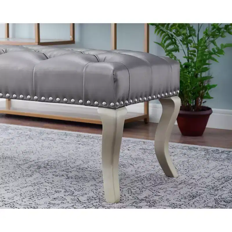 Tufted Faux Leather Ottoman Bench – Champagne, Nailhead Trim, Hardwood Frame, 48 in