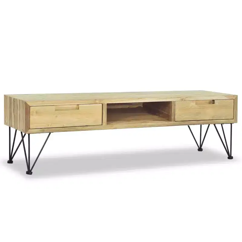 vidaXL TV Cabinet Natural Wood Recycled Solid Teak, Wrought Iron