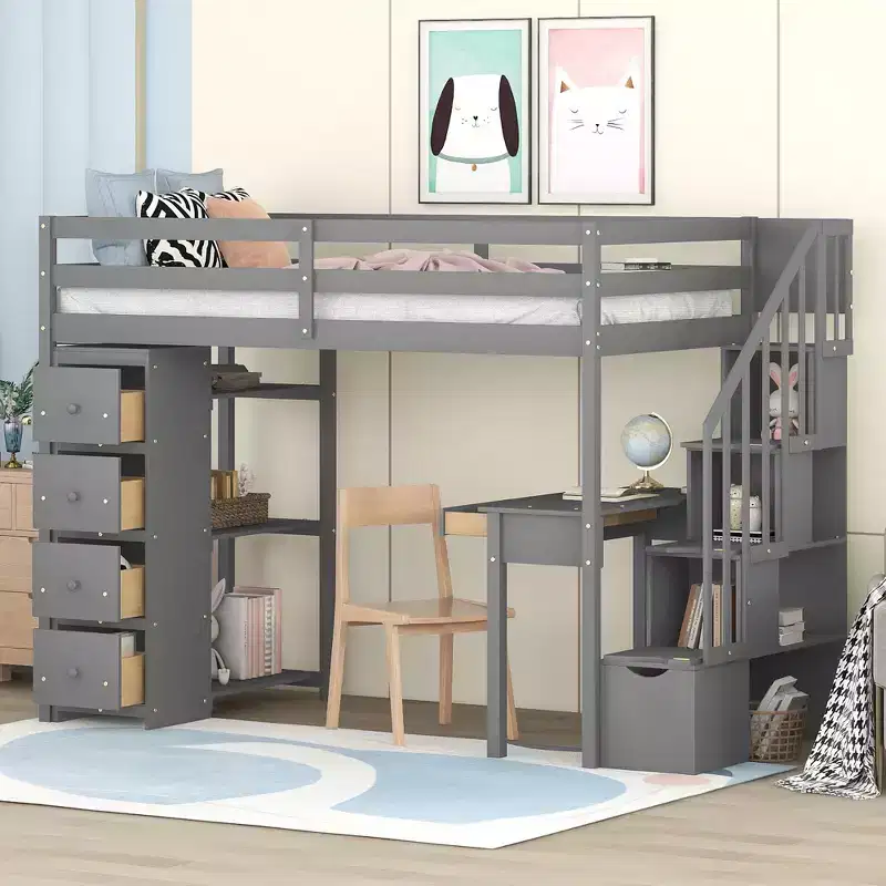 94.40''L 41.80''W Modern Design Twin Size Wooden Loft Bed with Storage Drawers, Desk and Stairs