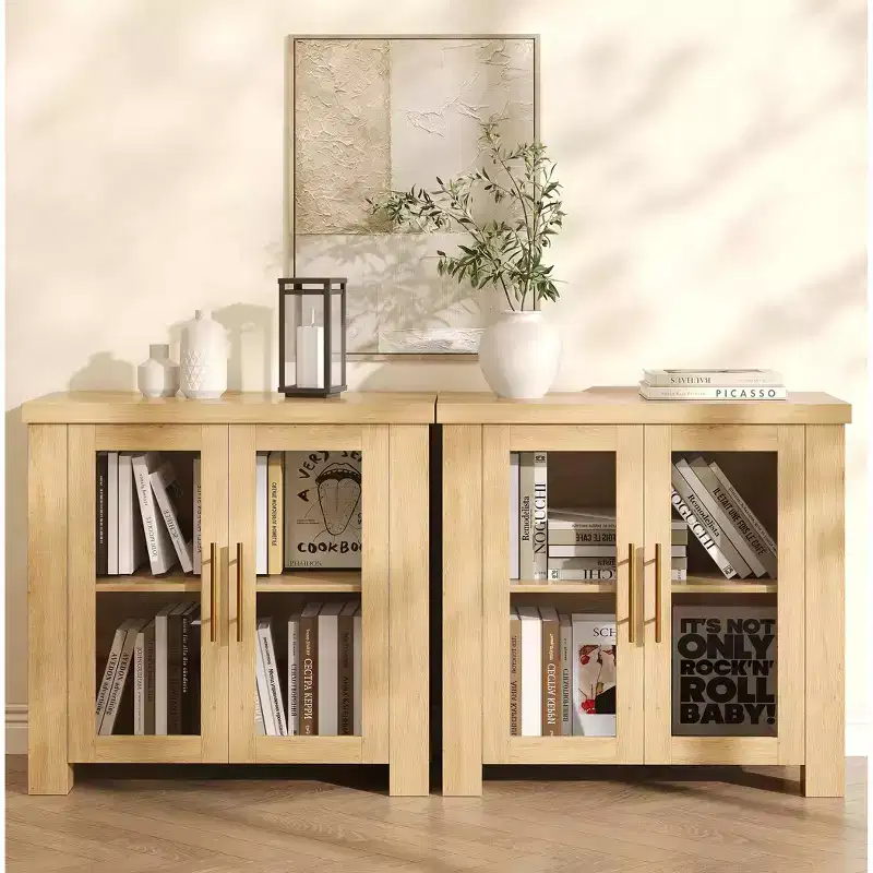 Buffet Cabinet with Storage, 59 Sideboard Credenza with Tempered Glass Doors, Wood Buffet Table for Living Room, Dining Room, Kitchen