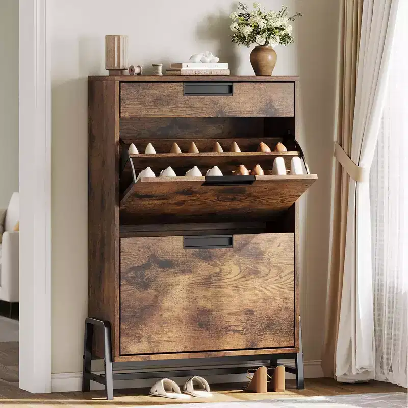 Shoe Storage Cabinet with 3 Flip-Drawers, Hidden Entryway Organizer, Freestanding Narrow Shoe Rack for Hallway & Living Room