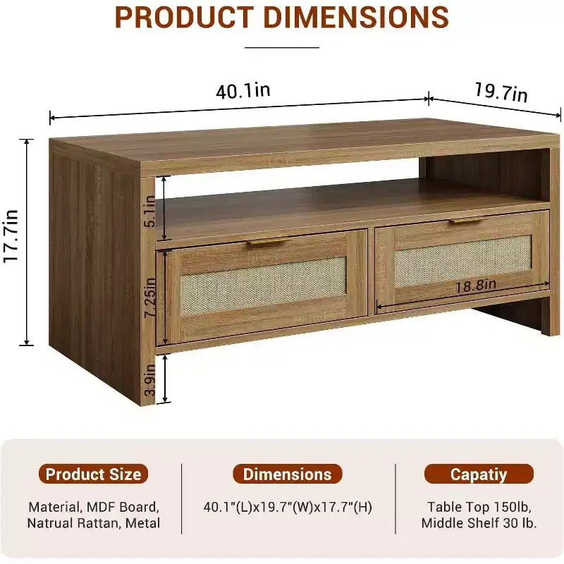 Brown 40 Boho Coffee Table Set (2-Pack) C Rattan Storage Console Tables for Living Room/Farmhouse