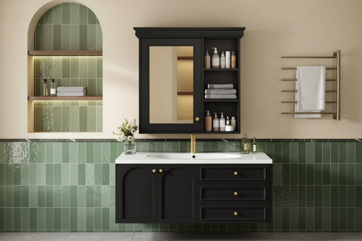 30 in. W x 28 in. H Rectangular MDF Medicine Cabinet with Mirror, Adjustable Shelf, Soft-closing Hinges, Open Shelves