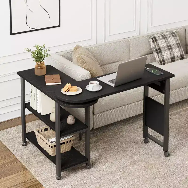 360 Rotating Sofa Side Table  2-Tier Movable End Table  Extra Storage Pocket, 6 Lockable Swivel Wheels, Versatile Couch Table